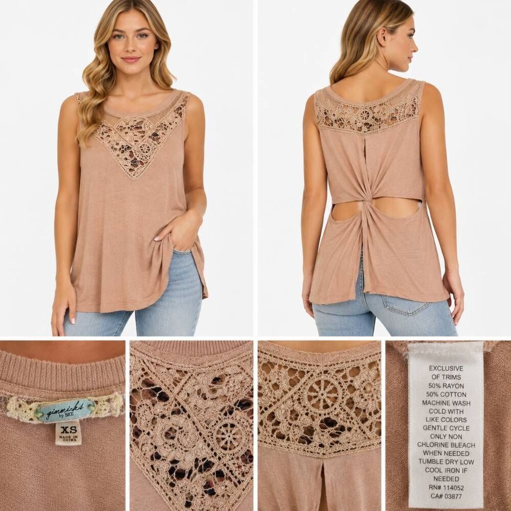 BKE Gimmicks XS Beige Crochet Lace Tank Top with Open Back Twist